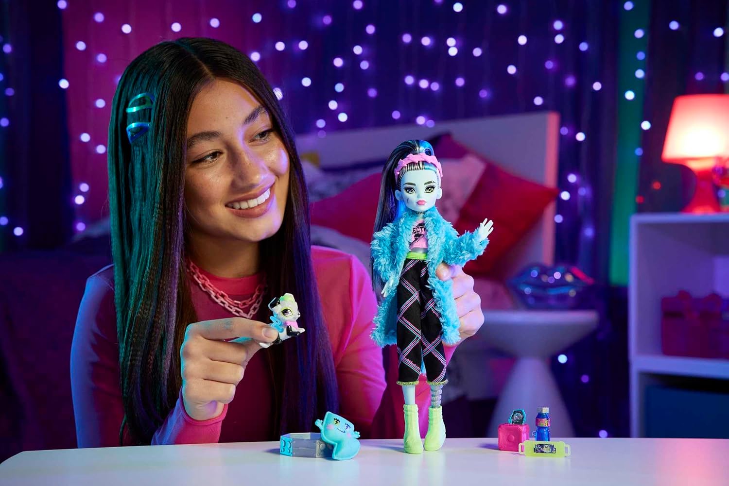 Monster High Doll and Sleepover Accessories, Frankie Stein Doll with Pet Dog Watzie